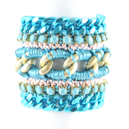 MUSES CUFF BRACELET IN PALE PINK AND TURQUOISE SILK THREAD, TURQUOISE OPAQUE SWAROVSKI CRYSTAL CUP CHAIN DETAIL AND TURQUOISE CHAIN DETAIL