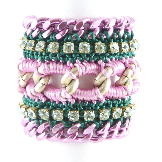 MUSES CUFF BRACELET IN PINK AND EMERALD SILK THREAD, LIGHT GREEN SWAROVSKI CRYSTAL CUP CHAIN DETAIL AND PINK CHAIN DETAIL