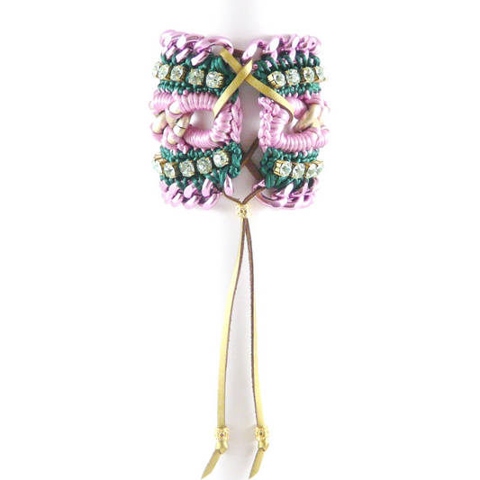 MUSES CUFF BRACELET IN PINK AND EMERALD SILK THREAD, LIGHT GREEN SWAROVSKI CRYSTAL CUP CHAIN DETAIL AND PINK CHAIN DETAIL