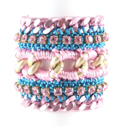 MUSES CUFF BRACELET IN PINK AND TEAL SILK THREAD AND VINTAGE PINK SWAROVSKI CRYSTAL CUP CHAIN AND PINK CHAIN DETAIL