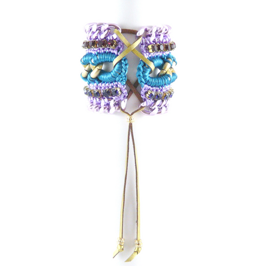 MUSES CUFF BRACELET IN TEAL AND LILAC SILK THREAD, BORDEAUX AND PURPLE SWAROVSKI CRYSTAL CUP CHAIN AND LILAC CHAIN DETAIL