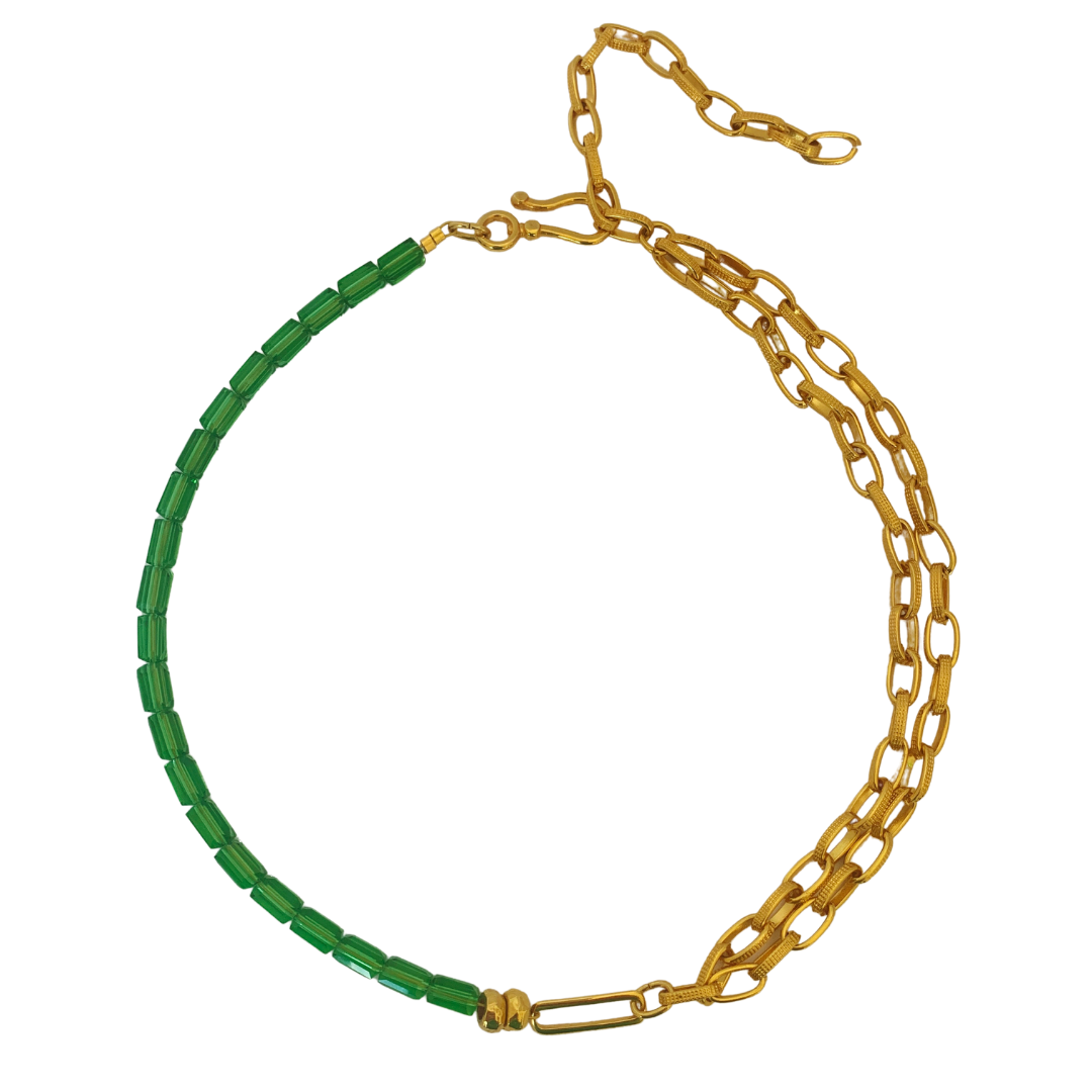 MYRSINI CRYSTAL NECKLACE WITH EMERALD AUSTRIAN CRYSTALS AND DOUBLE 24K GOLD PLATED STAINLESS STEEL CHAIN