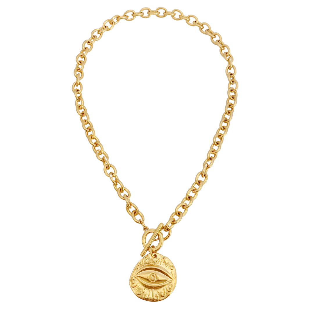 MYRTIS NECKLACE IN 24K GOLD PLATED BELCHER CHAIN AND ROUND EYE PENDANT