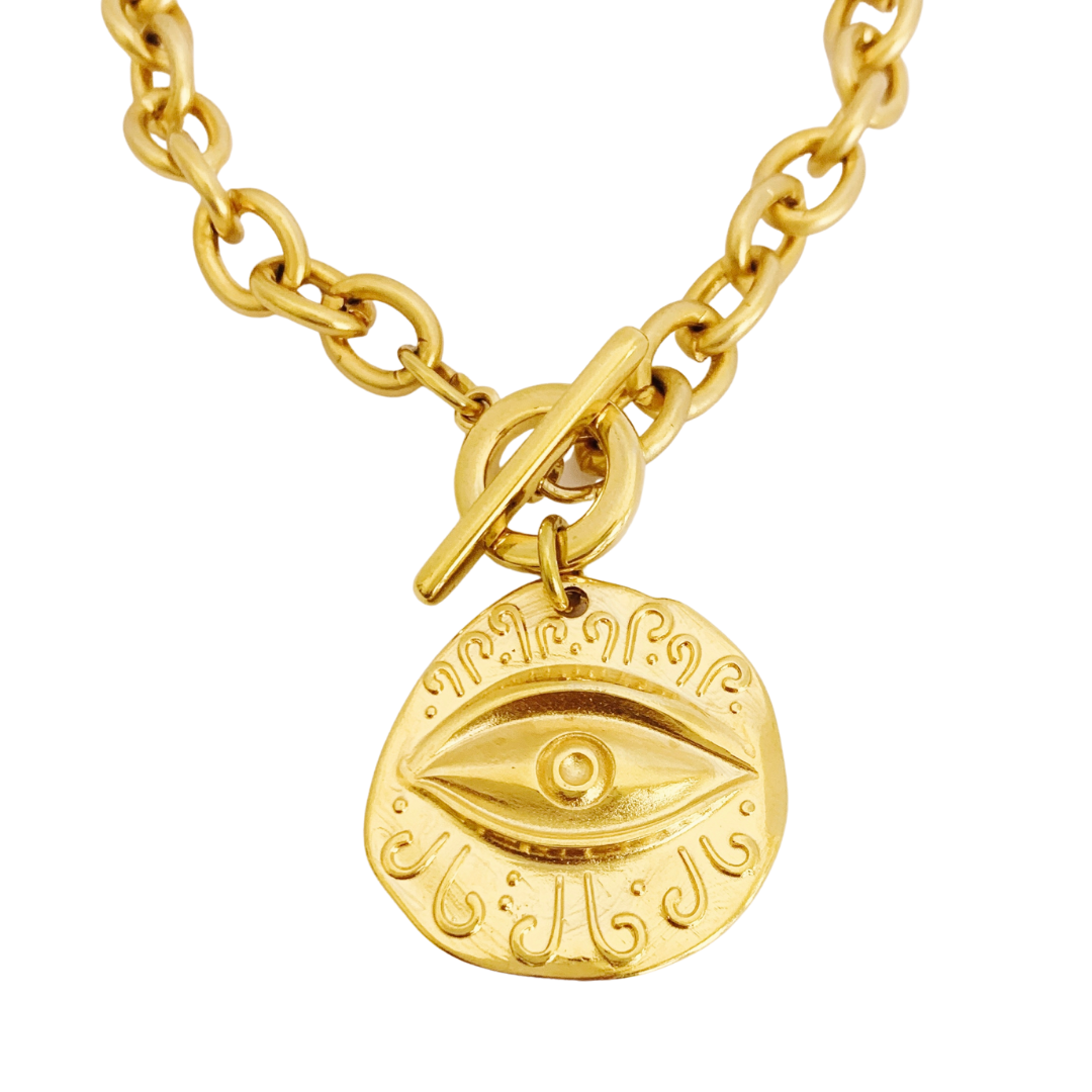 MYRTIS NECKLACE IN 24K GOLD PLATED BELCHER CHAIN AND ROUND EYE PENDANT