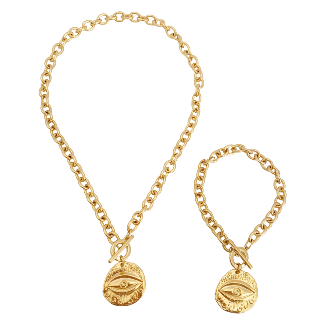 MYRTIS NECKLACE AND BRACELET IN 24K GOLD PLATED BELCHER CHAIN AND ROUND EYE PENDANT