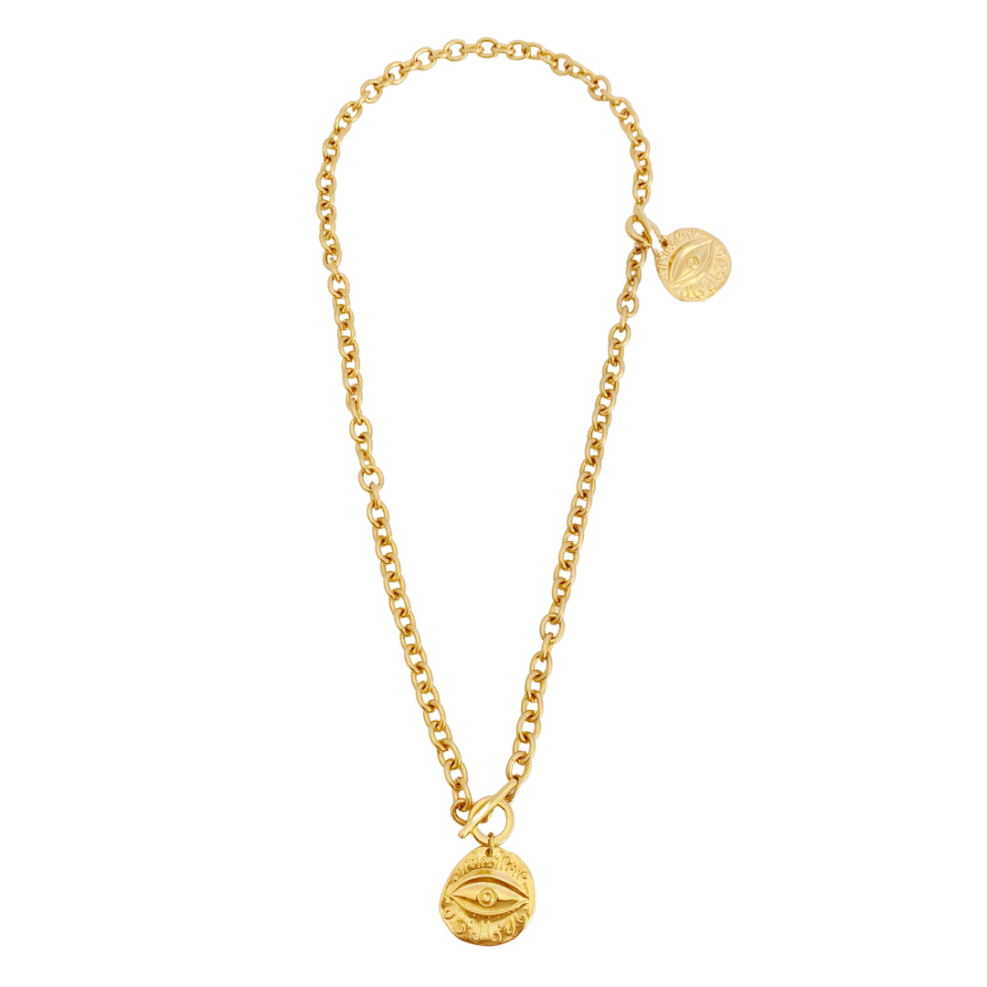 MYRTIS NECKLACE AND BRACELET CONNECTED IN 24K GOLD PLATED BELCHER CHAIN AND ROUND EYE PENDANT