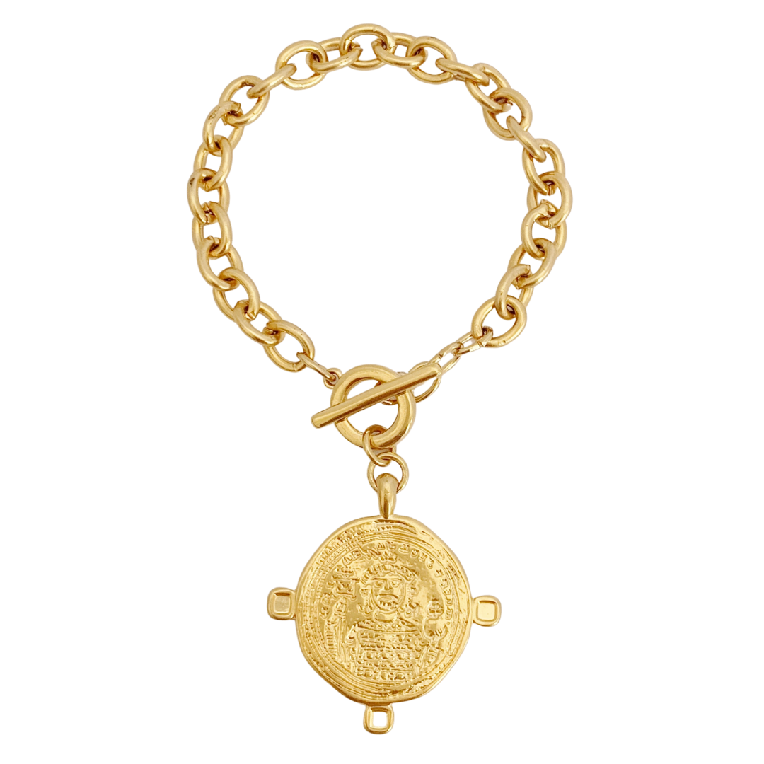 NOSSIS BRACELET IN 24K GOLD PLATED BELCHER CHAIN AND ROUND BYZANTINE SAINT PENDANT