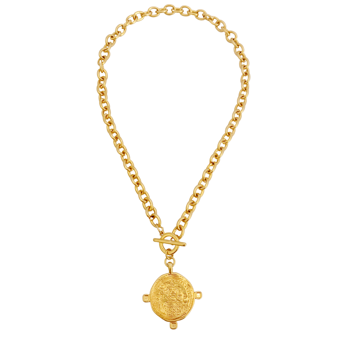 NOSSIS NECKLACE IN 24K GOLD PLATED BELCHER CHAIN AND ROUND BYZANTINE SAINT PENDANT