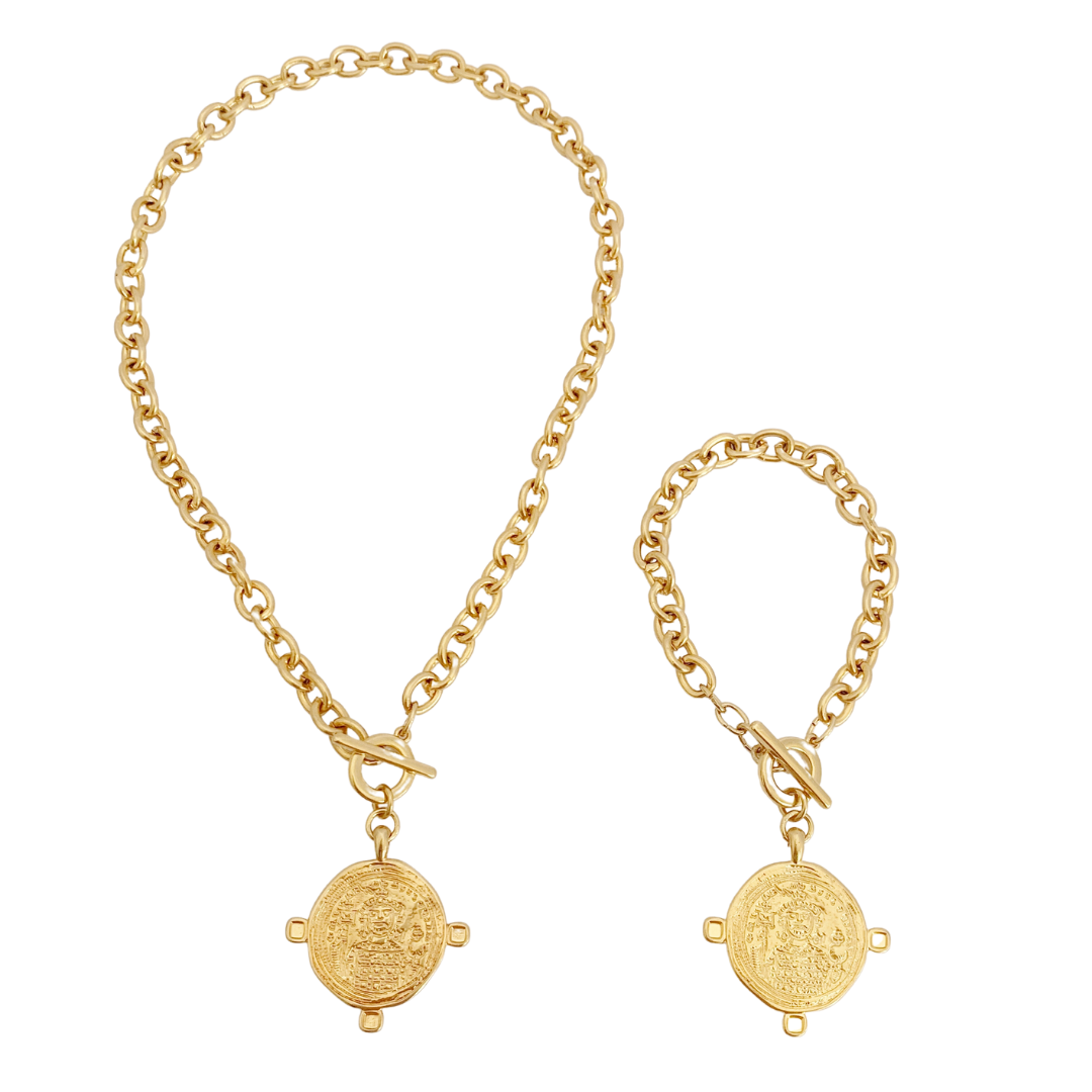 NOSSIS NECKLACE AND BRACELET IN 24K GOLD PLATED BELCHER CHAIN AND ROUND BYZANTINE SAINT PENDANT