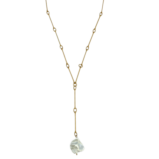 OCEANUS 24K GOLD PLATED HAND CRAFTED BAR LINK CHAIN LARIAT NECKLACE WITH BAROQUE FRESHWATER PEARL DROP