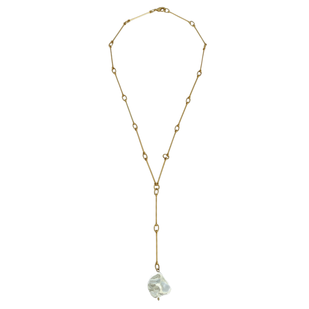 OCEANUS 24K GOLD PLATED HAND CRAFTED BAR LINK CHAIN LARIAT NECKLACE WITH BAROQUE FRESHWATER PEARL DROP