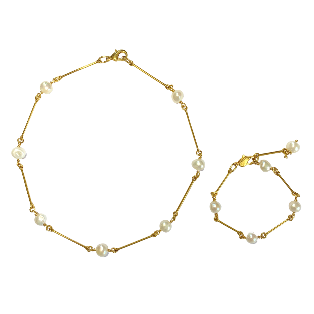 ORBIANA BRACELET AND NECKLACE MADE OF GOLD PLATED BARS AND FRESHWATER NUGGET PEARLS