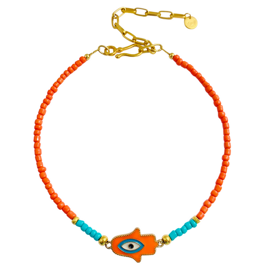 PATMOS EYE NECKLACE IN ORANGE & TURQUOISE HAND CRAFTED FROM MYUKI SEED BEADS AND 24K GOLD PLATED HARDWARE
