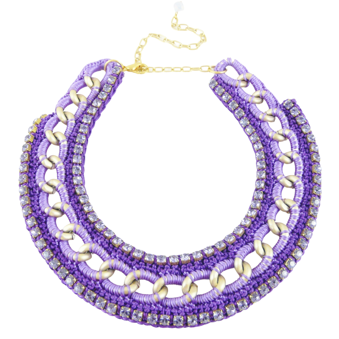 PERSEPHONE BIB NECKLACE IN LILAC AND PURPLE SILK THREAD AND LILAC SWAROVSKI CRYSTAL CUP CHAIN DETAIL