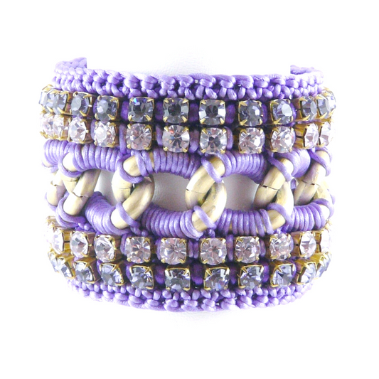 PERSEPHONE CUFF BRACELET IN LILAC SILK THREAD AND LILAC AND PURPLE SWAROVSKI CRYSTAL CUP CHAIN DETAIL