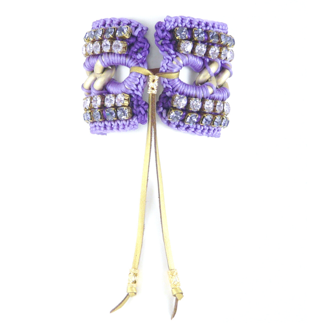PERSEPHONE CUFF BRACELET IN LILAC SILK THREAD AND LILAC AND PURPLE SWAROVSKI CRYSTAL CUP CHAIN DETAIL