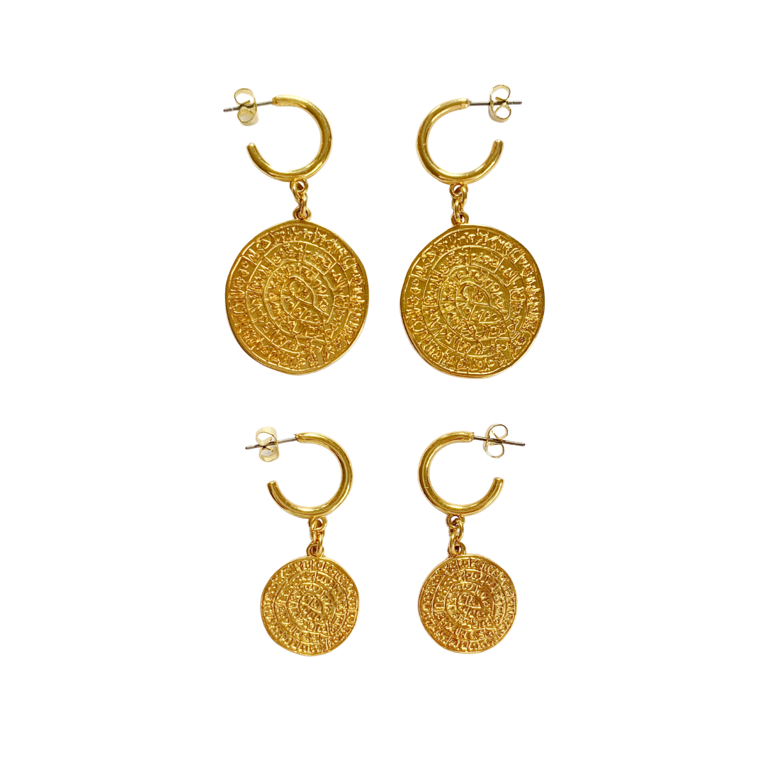 PHAISTOS 24K GOLD PLATED HOOP EARRINGS WITH PHAISTOS DISC IN LARGE OR SMALL