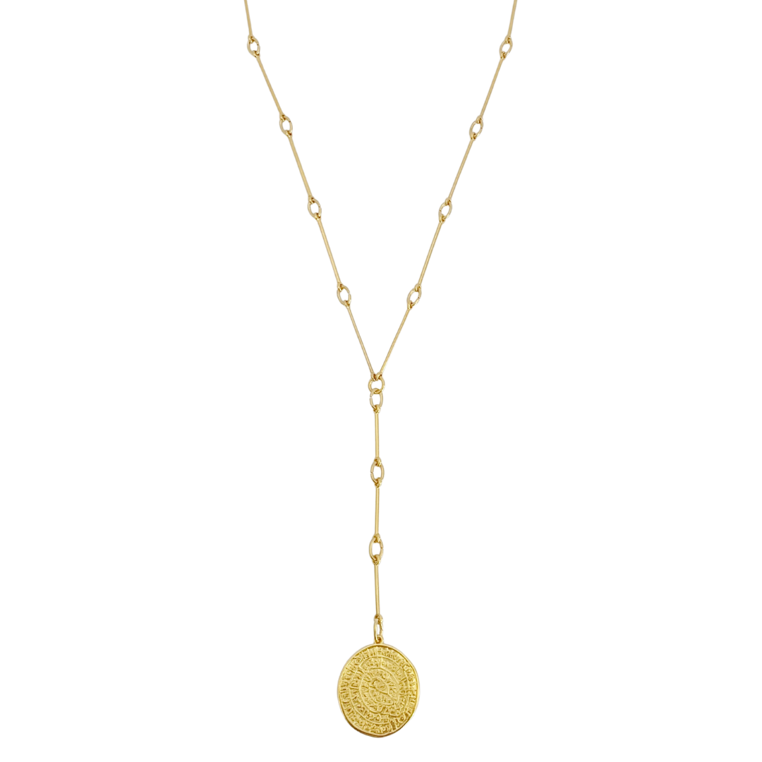 PHAISTOS 24K GOLD PLATED HAND CRAFTED BAR LINK CHAIN LARIAT NECKLACE WITH ROUND PHAISTOS DISC