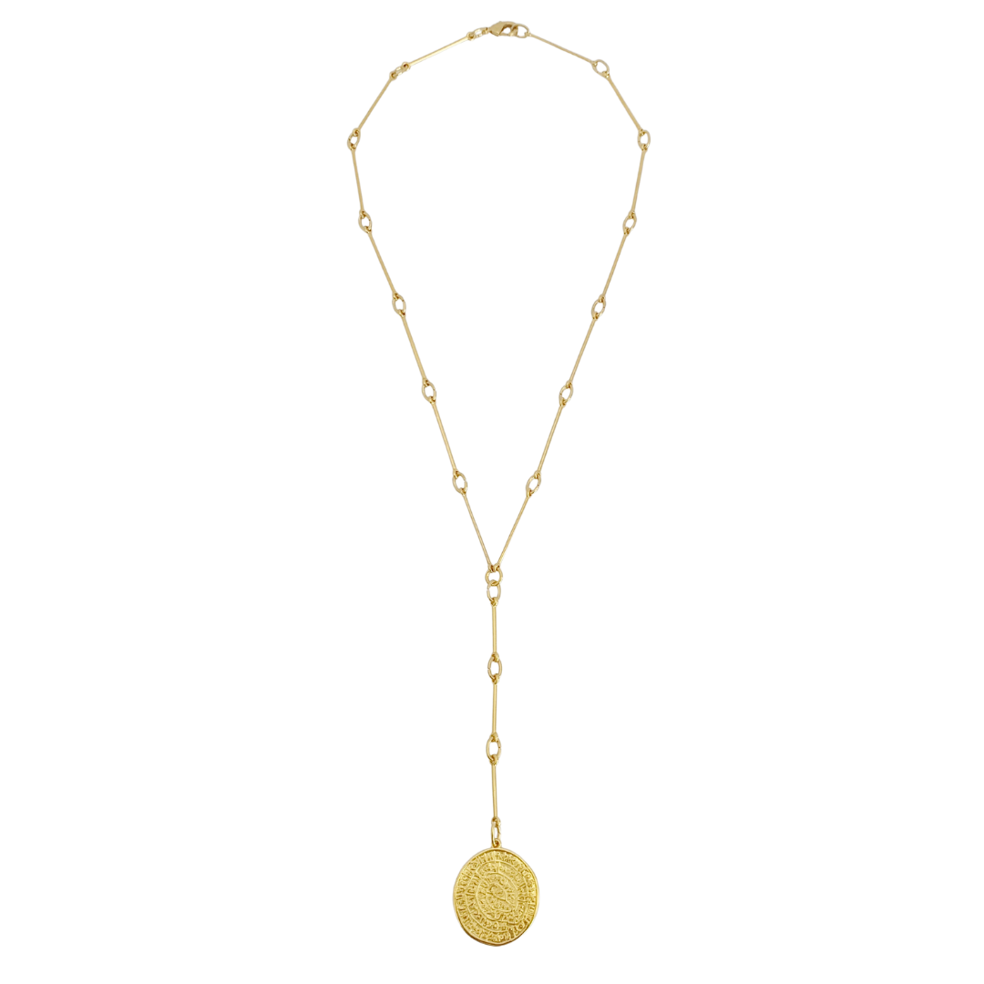 PHAISTOS 24K GOLD PLATED HAND CRAFTED BAR LINK CHAIN LARIAT NECKLACE WITH ROUND PHAISTOS DISC