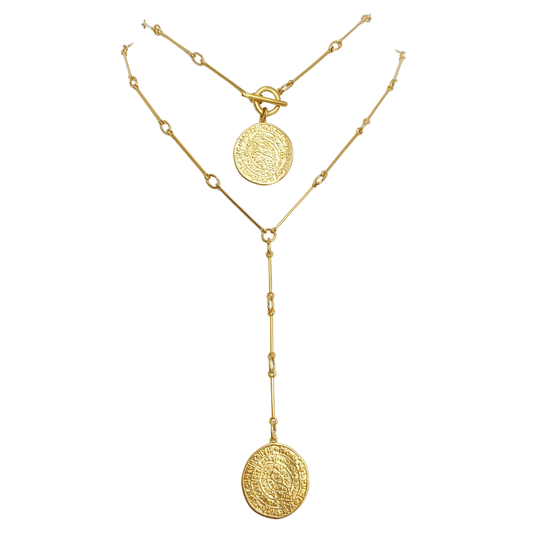 PHAISTOS 24K GOLD PLATED HAND CRAFTED BAR LINK CHAIN LARIAT NECKLACE AND NECKLACE WITH ROUND PHAISTOS DISC