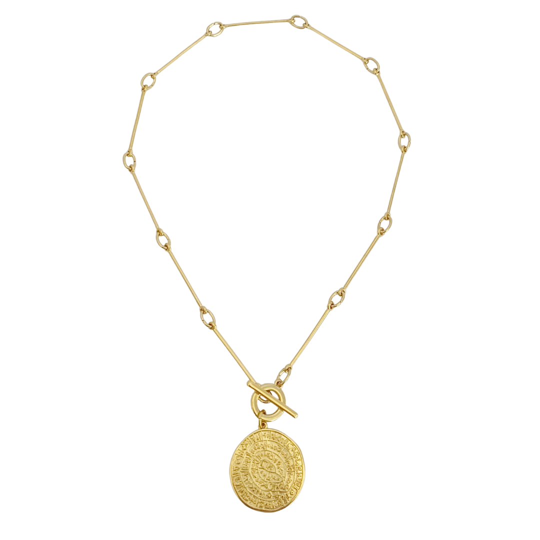 PHAISTOS 24K GOLD PLATED HAND CRAFTED LINK CHAIN NECKLACE WITH ROUND PHAISTOS DISC