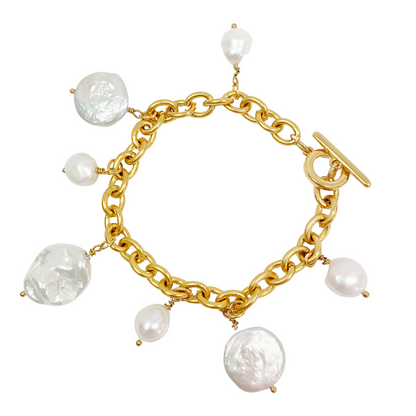 POSEIDON BRACELET IN 24K GOLD PLATED BELCHER CHAIN AND FRESHWATER BAROQUE PEARL DROPS