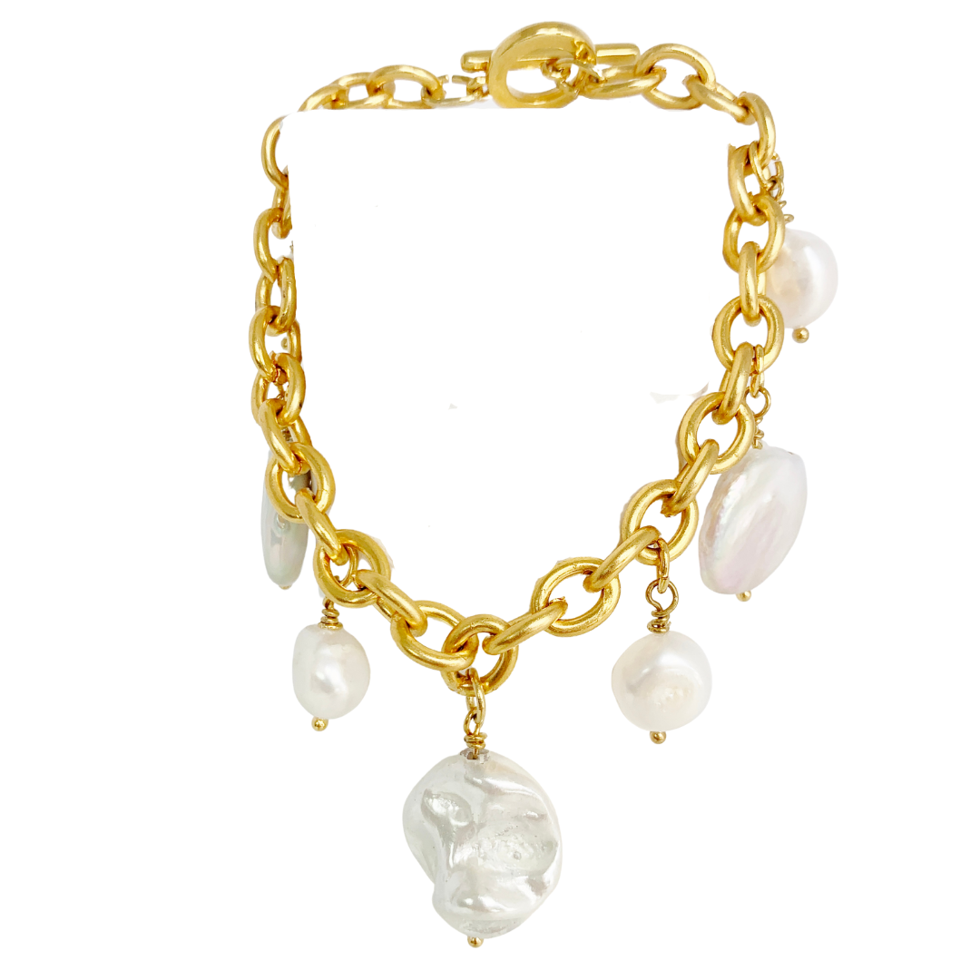 POSEIDON NECKLACE IN 24K GOLD PLATED BELCHER CHAIN AND FRESHWATER BAROQUE PEARL DROPS