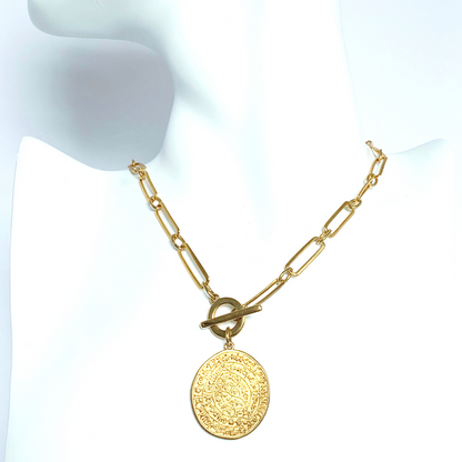 RHEA 24K GOLD PLATED HAND CRAFTED PAPERCLIP CHAIN NECKLACE WITH ROUND PHAISTOS DISC