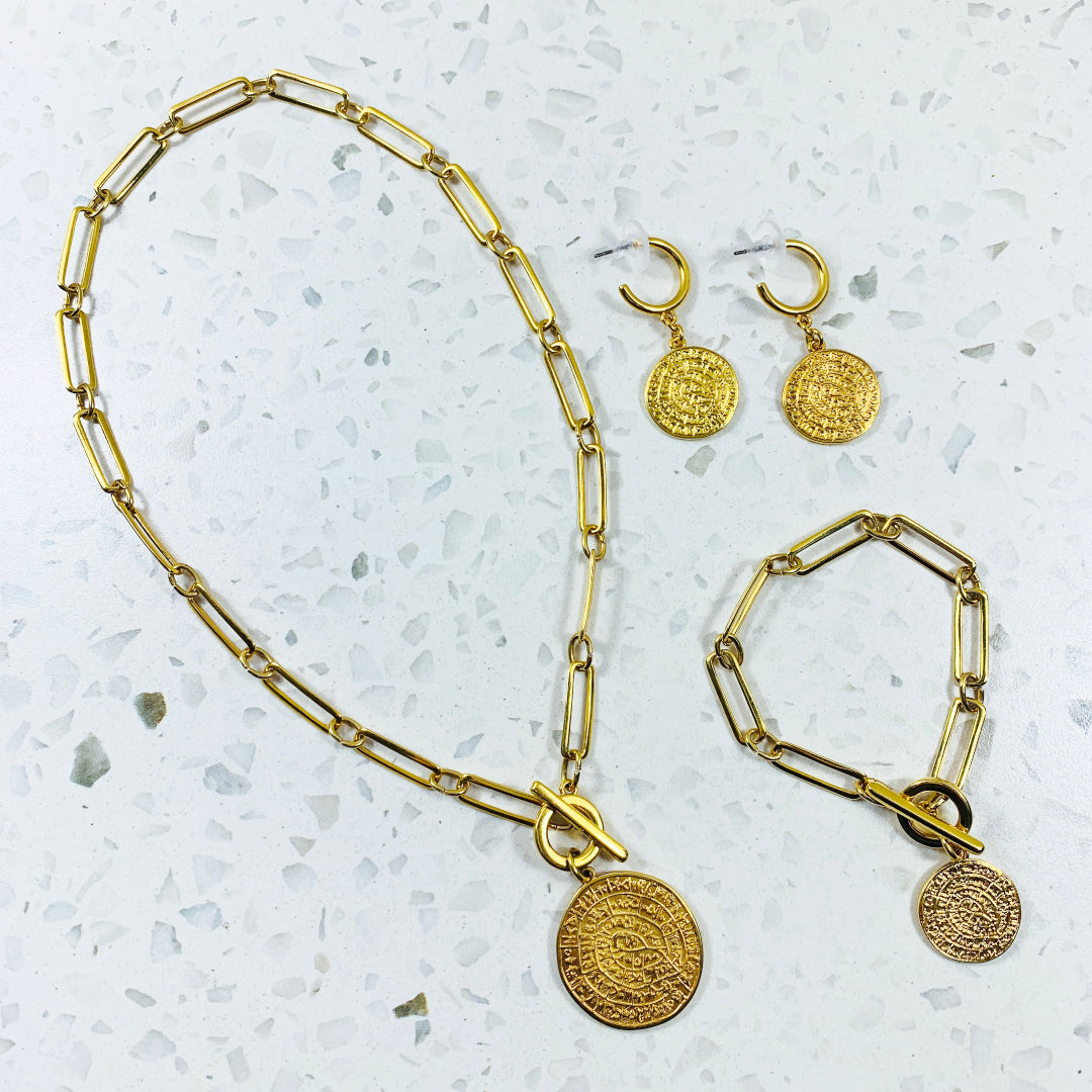 RHEA 24K GOLD PLATED PAPERCLIP CHAIN BRACELET, NECKLACE AND EARRINGS WITH PHAISTOS DISC DROP