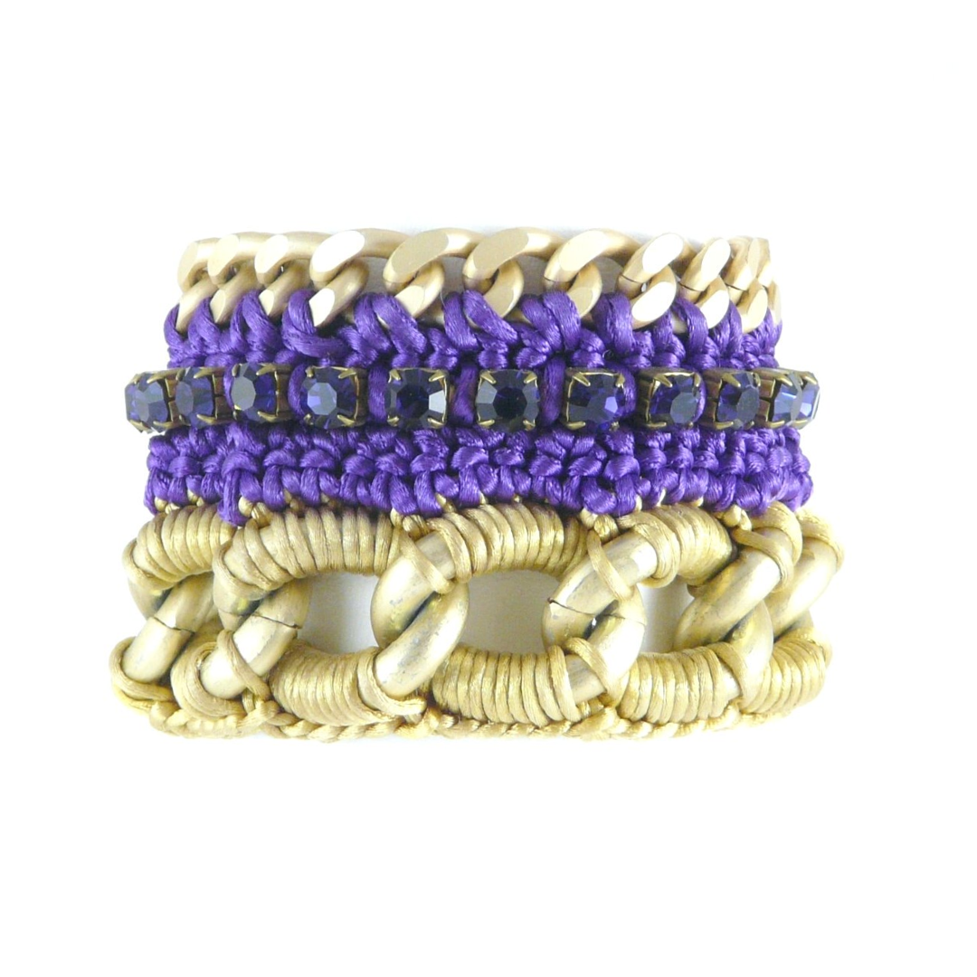 SELENE CUFF BRACELET IN GOLD AND PURPLE SILK THREAD AND PURPLE SWAROVSKI CRYSTAL CUP CHAIN DETAIL AND 24K GOLD PLATED CHAIN DETAIL