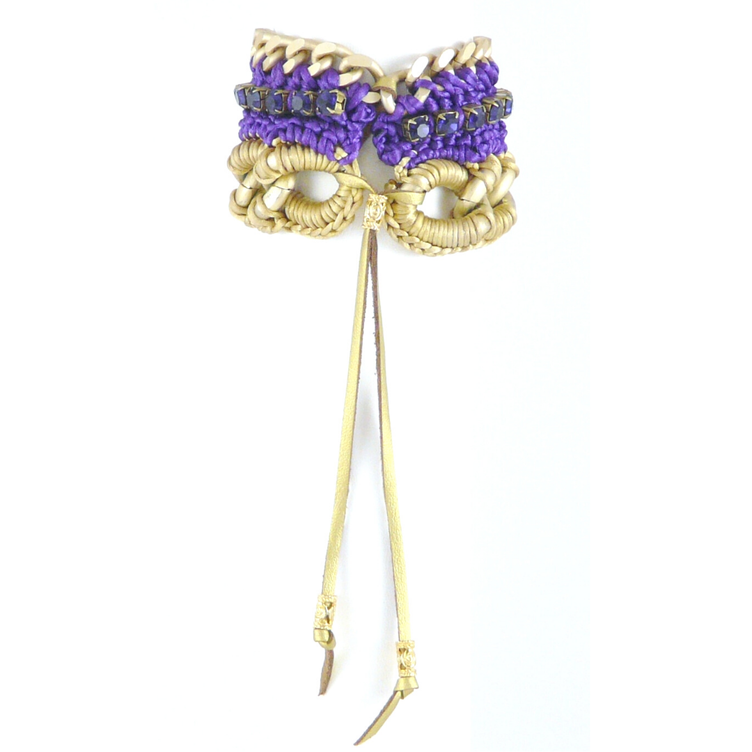 SELENE CUFF BRACELET IN GOLD AND PURPLE SILK THREAD AND PURPLE SWAROVSKI CRYSTAL CUP CHAIN DETAIL AND 24K GOLD PLATED CHAIN DETAIL