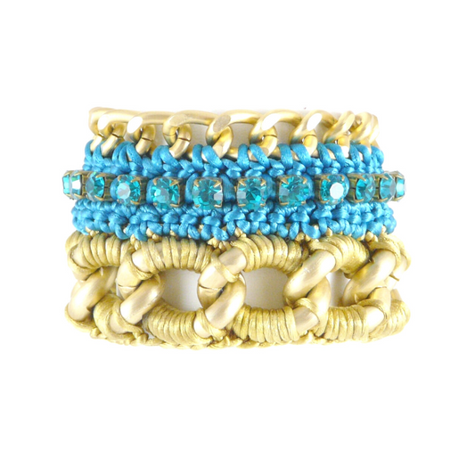 SELENE CUFF BRACELET IN GOLD AND TEAL SILK THREAD AND TEAL SWAROVSKI CRYSTAL CUP CHAIN DETAIL AND 24K GOLD PLATED CHAIN DETAIL