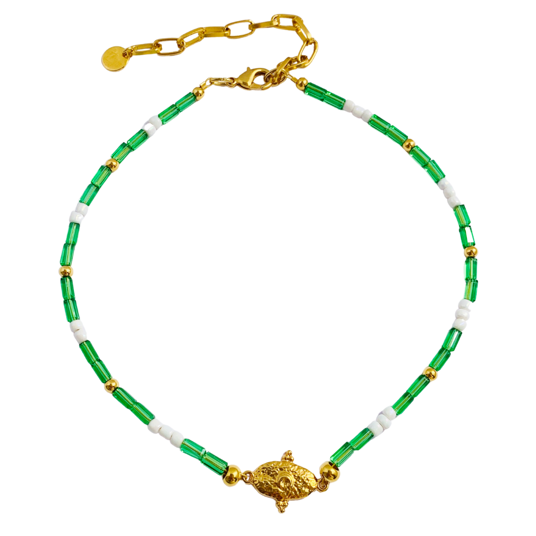 SERIFO NECKLACE EMERALD GREEN AUSTRIAN CRYSTALS AND WHITE MYUKI ROCAILLE SEED BEADS WITH A 24K GOLD PLATED BYZANTINE PENDANT