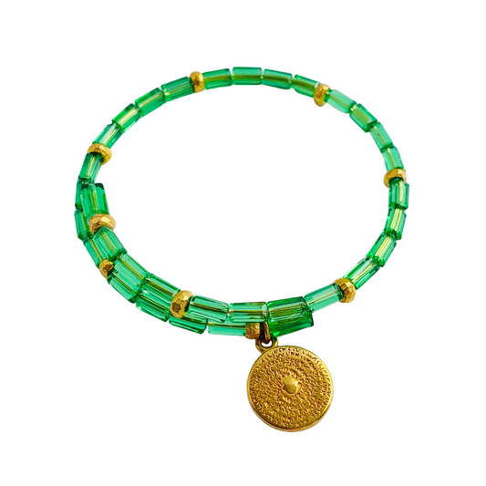 SIFNO WRAP BRACELET WITH EMERALD GREEN AUSTRIAN CRYSTALS AND 24K GOLD PHAISTOS DISC