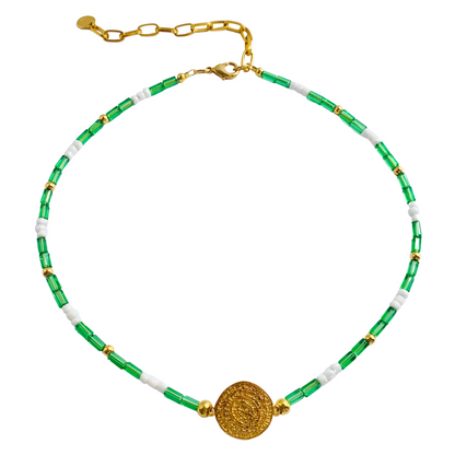 SIFNO NECKLACE EMERALD GREEN AUSTRIAN CRYSTALS AND WHITE MYUKI ROCAILLE SEED BEADS WITH A 24K GOLD PLATED PHAISTOS DISC