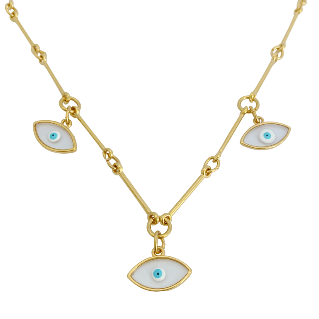 THEIA EYE NECKLACE 24K GOLD PLATED HAND CRAFTED BAR LINK CHAIN WITH VITRAUX EYE PENDANTS