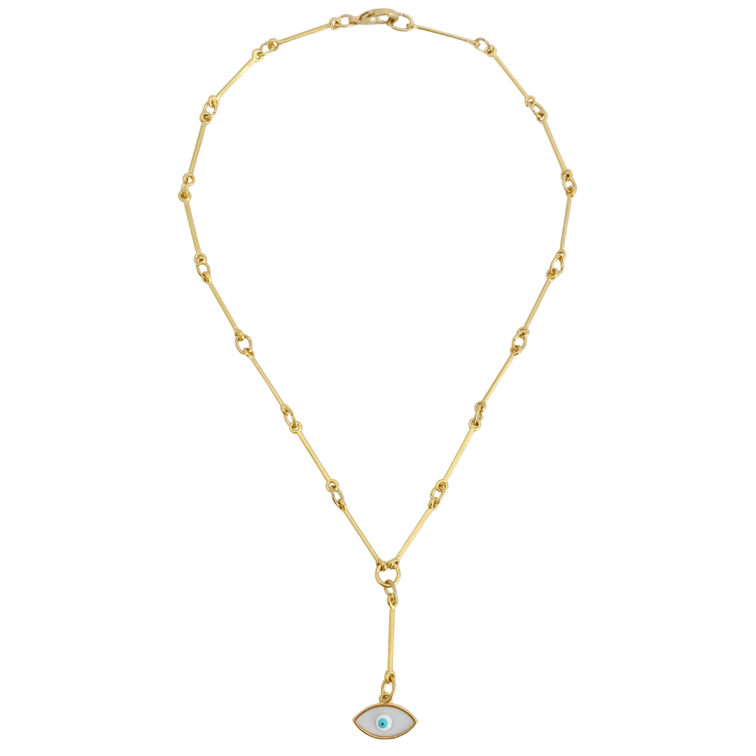 THEMIS EYE NECKLACE 24K GOLD PLATED HAND CRAFTED BAR LINK CHAIN WITH VITRAUX EYE PENDANT