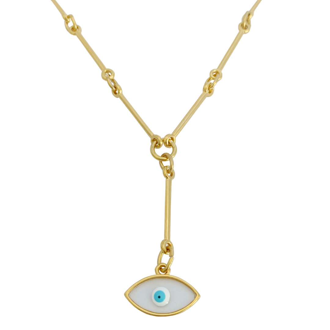 THEMIS EYE NECKLACE 24K GOLD PLATED HAND CRAFTED BAR LINK CHAIN WITH VITRAUX EYE PENDANT
