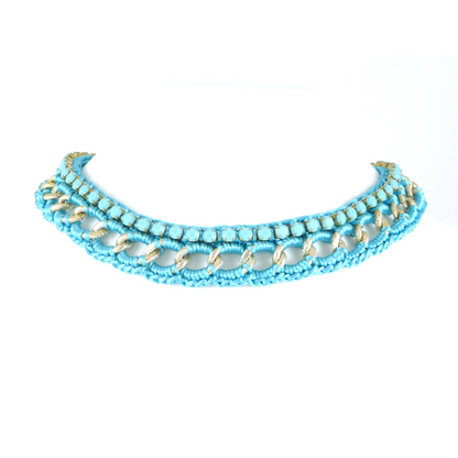 THESIS BIB NECKLACE IN TURQUOISE SILK THREAD WITH OPAQUE TURQUOISE SWAROVSKI CRYSTAL CUP CHAIN DETAIL