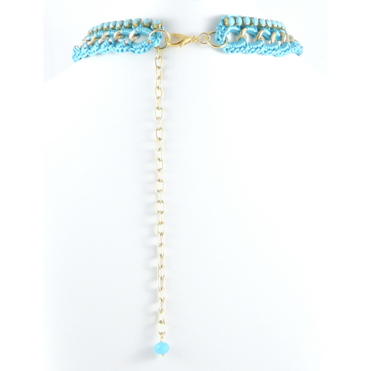 THESIS BIB NECKLACE IN TURQUOISE SILK THREAD WITH OPAQUE TURQUOISE SWAROVSKI CRYSTAL CUP CHAIN DETAIL