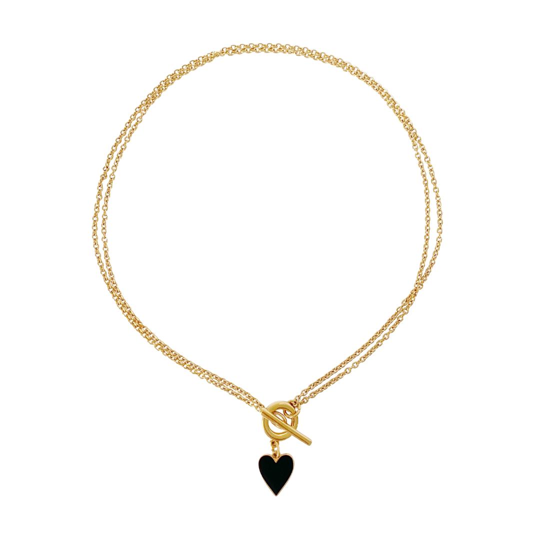 TWO WAY NECKLACE WITH BLACK ENAMEL HEART