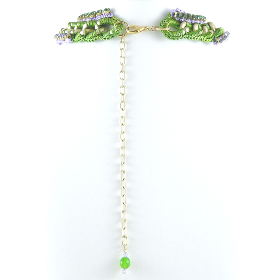 URANIA BIB NECKLACE IN GREEN AND LILAC SILK THREAD WITH LILAC AND EMERALD SWAROVSKI CRYSTAL CUP CHAIN DETAIL