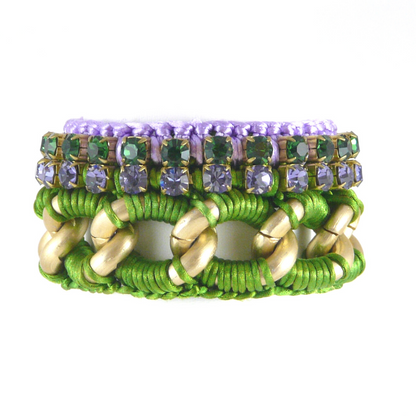 URANIA CUFF BRACELET IN GREEN AND LILAC SILK THREAD AND EMERALD GREEN AND LILAC SWAROVSKI CRYSTAL CUP CHAIN DETAIL
