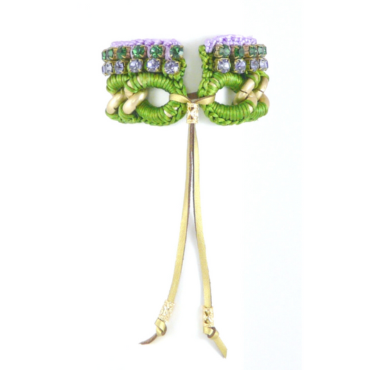 URANIA CUFF BRACELET IN GREEN AND LILAC SILK THREAD AND EMERALD GREEN AND LILAC SWAROVSKI CRYSTAL CUP CHAIN DETAIL