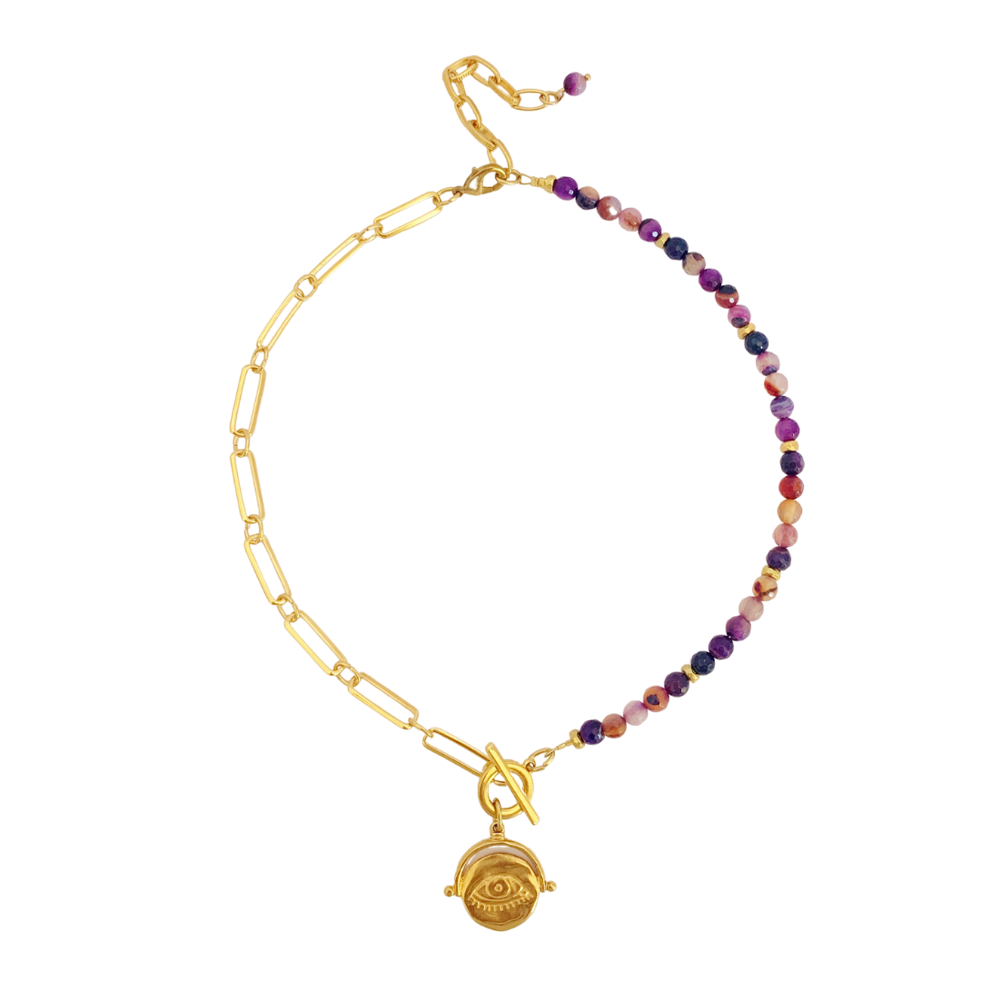 YANG HALF NECKLACE WITH PURPLE AMETHYST BEADS AND 24K GOLD PLATED ROUND EYE DISC