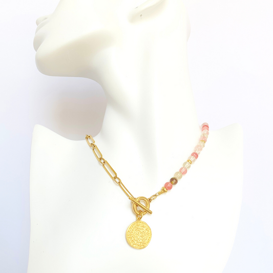 YIN YANG NECKLACE WITH HALF  HALF PAPERCLIP CHAIN AND PINK AGATE BEADS AND ROUND PHAISTOS DISC