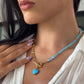 YIN AND YANG NECKLACE HALF PAPERCLIP CHAIN AND HALF TURQUOISE AUSTRIAN CRYSTALS AND HOWLITE HEART PENDANT